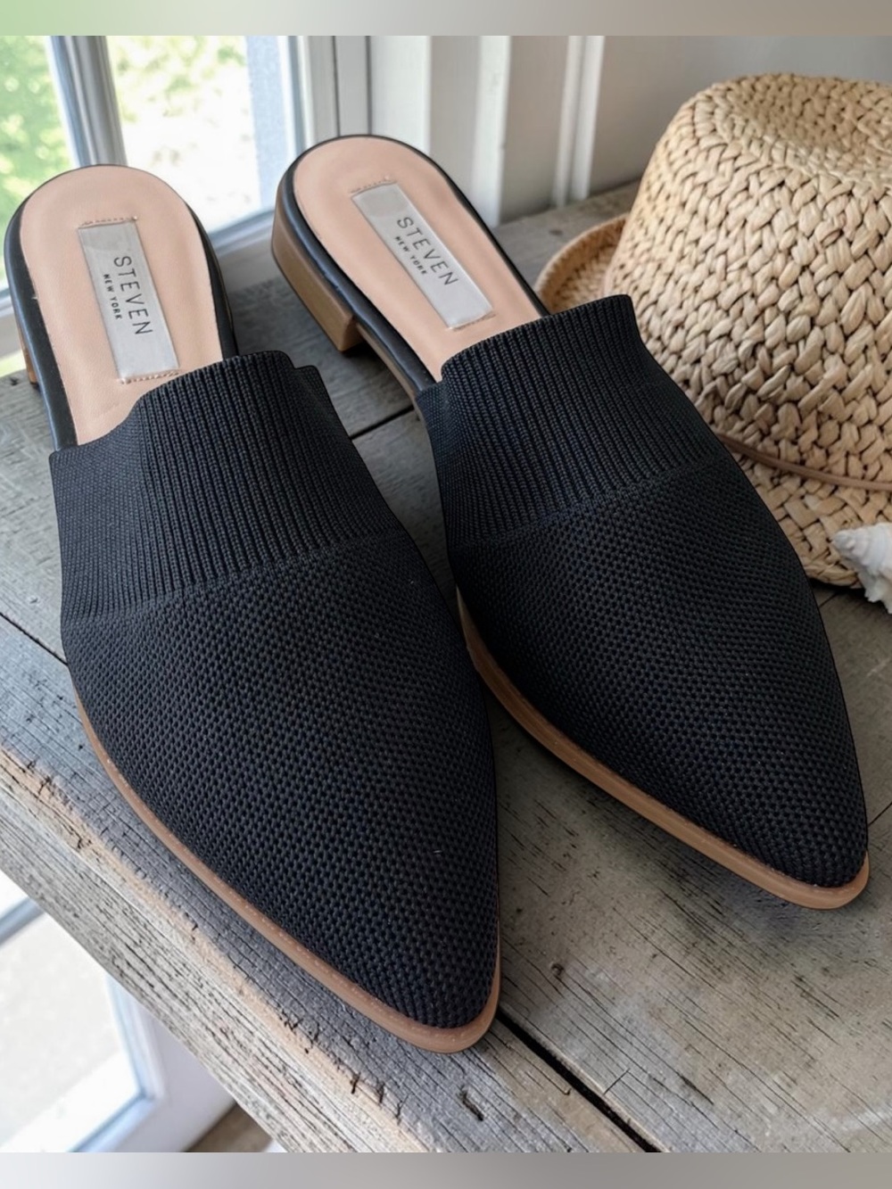 Steven By Steve Madden Black Mules with Pointed Toe and Textured Fabric